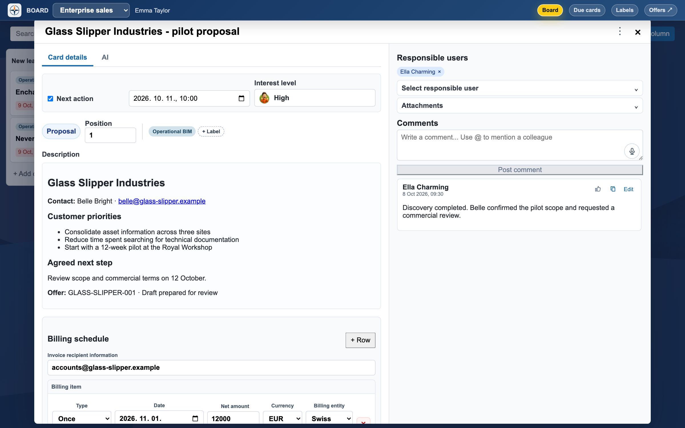 English customer workspace for Glass Slipper Industries with fictional contacts, notes, owners and proposal references